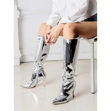 Shoe'N Tale Women's Knee High Boots Pointed Toe Stiletto High Heel Metallic Party Dressy Slip-on Booties Shoes(8,Silver)
