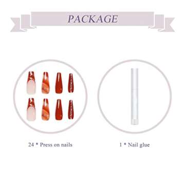BABALAL Coffin Press on Nails Long Fake Nails Glossy Glue Nails Brown Fall Acrylic Nails Ballerina Manicure Stick on False Nails for Women and Girls