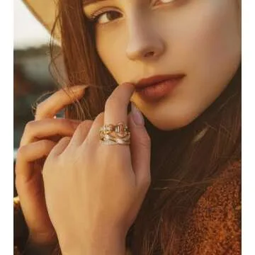 Aprilery Gold Rings for Women, Fashion Cross Rings Statement CZ Crystal Belt Chunky Band Costume Rings Jewelry Gifts for Women (Gold Hollow, 8)