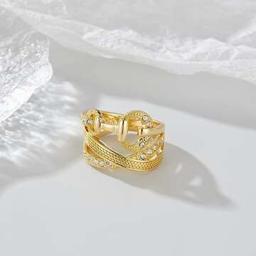 Aprilery Gold Rings for Women, Fashion Cross Rings Statement CZ Crystal Belt Chunky Band Costume Rings Jewelry Gifts for Women (Gold Hollow, 8)