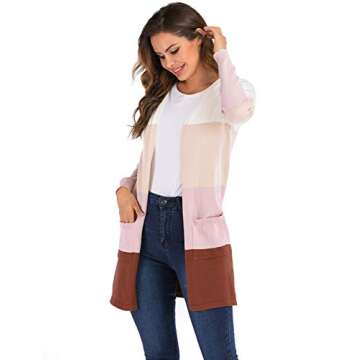 Womens Long Sleeve Casual Striped Cardigan Color Block Knit Open Front Sweater Coat A-Pink