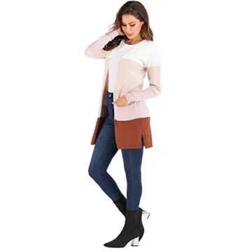 Womens Long Sleeve Casual Striped Cardigan Color Block Knit Open Front Sweater Coat A-Pink