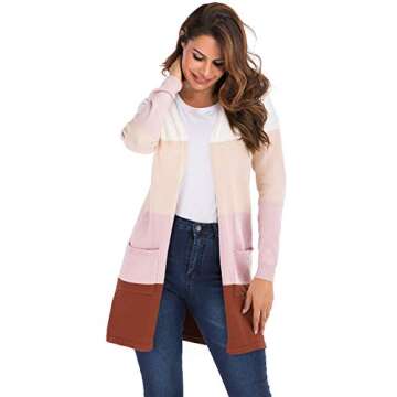 Womens Long Sleeve Casual Striped Cardigan Color Block Knit Open Front Sweater Coat A-Pink