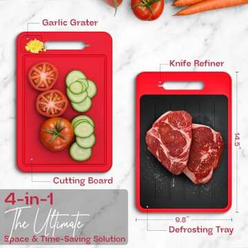 4-in-1 Defrosting Tray for Frozen Meat with Cutting Board, Knife Sharpener & Garlic Grater - Self Thawing Tray & Non-Slip Red Chopping Boards by EliKai