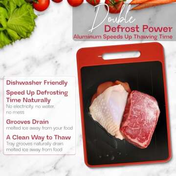 4-in-1 Defrosting Tray for Frozen Meat with Cutting Board, Knife Sharpener & Garlic Grater - Self Thawing Tray & Non-Slip Red Chopping Boards by EliKai