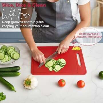 4-in-1 Defrosting Tray for Frozen Meat with Cutting Board, Knife Sharpener & Garlic Grater - Self Thawing Tray & Non-Slip Red Chopping Boards by EliKai