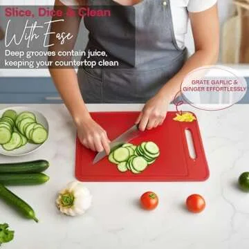 4-in-1 Defrosting Tray for Frozen Meat with Cutting Board, Knife Sharpener & Garlic Grater - Self Thawing Tray & Non-Slip Red Chopping Boards by EliKai