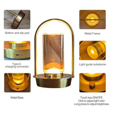 Kipliko Modern Acrylic LED Table Lamp with Arched Metal Frame-Knob Control,Adjustable Brightness,Tri-Color Light Options, Energy-Efficient,Ideal for Bedroom,Living Room,Office.(Gold)