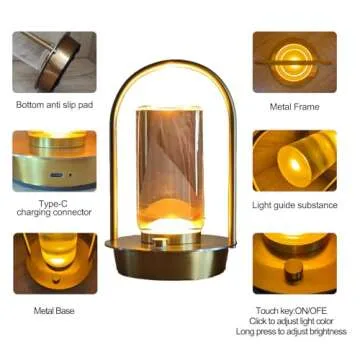 Kipliko Modern Acrylic LED Table Lamp with Arched Metal Frame-Knob Control,Adjustable Brightness,Tri-Color Light Options, Energy-Efficient,Ideal for Bedroom,Living Room,Office.(Gold)