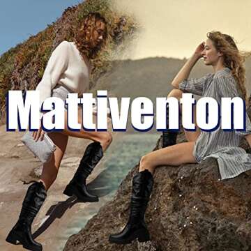 Mattiventon Mid Calf Cowgirl Boots for Women Chunky Heel Platform Knee High Cowboy Boots