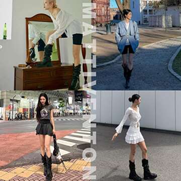 Mattiventon Mid Calf Cowgirl Boots for Women Chunky Heel Platform Knee High Cowboy Boots