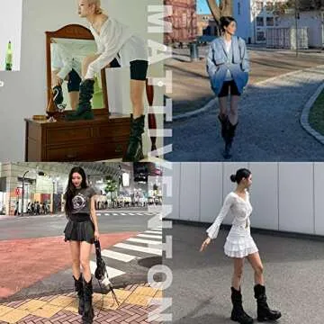 Mattiventon Mid Calf Cowgirl Boots for Women Chunky Heel Platform Knee High Cowboy Boots