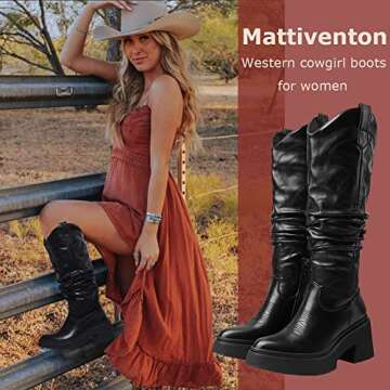 Mattiventon Mid Calf Cowgirl Boots for Women Chunky Heel Platform Knee High Cowboy Boots