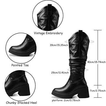 Mattiventon Mid Calf Cowgirl Boots for Women Chunky Heel Platform Knee High Cowboy Boots