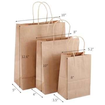 TOMNK 90pcs Brown Paper Bags, (8/10/12.6Inches), 30 Pack Per Size Assorted Sizes, Plain Goodie Bags, Kraft Paper Bags with Handles for Business, Shopping Bags, Retail Bags