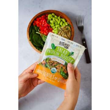 BeanVIVO 3-Pack Salad Protein Booster - Organic cooked Lentils & Quinoa with Garlic & Herbs, delivering a burst of taste and 10g of protein-packed goodness in every pouch 5oz