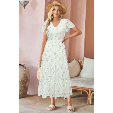 VOTEPRETTY Women's 2025 Summer Boho Floral Maxi Dresses Flutter Short Sleeve V Neck Casual Beach Wed...