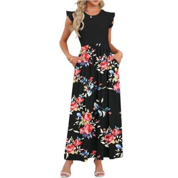 MISFAY Women's Ruffle Sleeve Maxi Dresses Casual Crewneck Long Dress with Pockets(Rose Black,L)