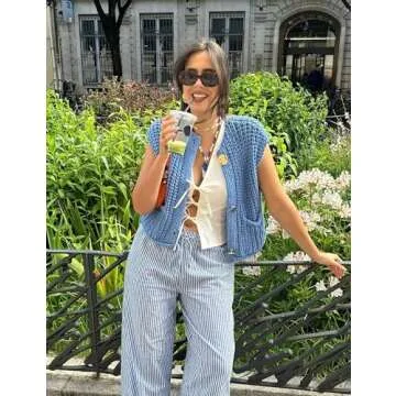 Hvewarm Womens Casual Chunky Knit Vest Gold Button Down Crop Crochet Sleeveless Sweater Vest (Blue-L)