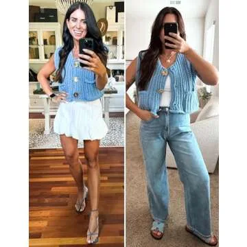 Hvewarm Womens Casual Chunky Knit Vest Gold Button Down Crop Crochet Sleeveless Sweater Vest (Blue-L)