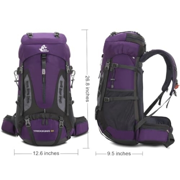 Bseash 60L Hiking Camping Backpack with Rain Cover, Waterproof Large Capacity Outdoor Sport Travel Daypack Climbing Touring (Purple)