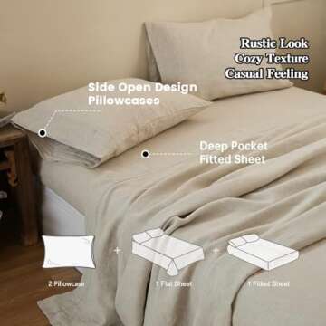 Simple&Opulence 100% Linen Sheet Set with Embroidery Washed - 4 Pieces (1 Flat Sheet & 1 Fitted Sheet & 2 Pillowcases) Natural Flax Soft Bedding Breathable Farmhouse - Linen, Queen Size