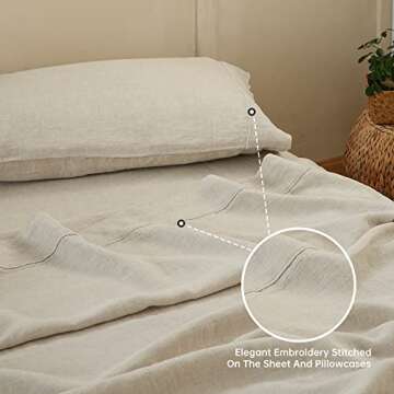 Simple&Opulence 100% Linen Sheet Set with Embroidery Washed - 4 Pieces (1 Flat Sheet & 1 Fitted Sheet & 2 Pillowcases) Natural Flax Soft Bedding Breathable Farmhouse - Linen, Queen Size