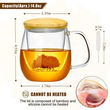 WHJY Glass Tea Cup with Infuser and Lid, 15 ounce Glass Tea Cups with Strainer, Loose Leaf Tea Cup M...