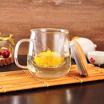 WHJY Glass Tea Cup with Infuser and Lid, 15 ounce Glass Tea Cups with Strainer, Loose Leaf Tea Cup Mug for One, Lead-free Borosilicate Glass Teacups, Heat Resistance, Microwave & Dishwasher Safe