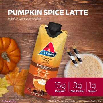Atkins Pumpkin Spice Latte, 15g Protein, 3g Net Carbs, 1g Sugar, Low Glycemic, Keto Friendly, 12 Cou...