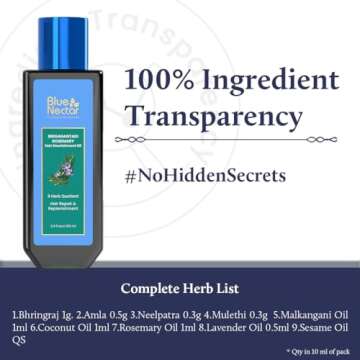 Blue Nectar Rosemary Oil with Bhringraj, Amla and 9 Herbs for Natural Hair Growth (6.76 Fl Oz)