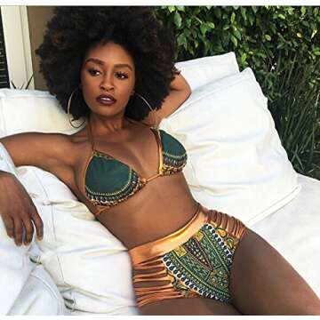 Zando Women Tribal Print Bikini African Metallic Swimsuit Two Piece Beachwear Cutout Halter Neck Bathing Suit Swimwear Green L (US Size 8-10)