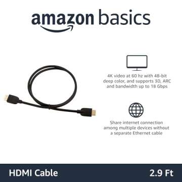 Amazon Basics High-Speed 4K Ultra HD HDMI 2.0 Cable/Cord, 3ft / 0.9m, 18 Gbps, 60 Hz, 2160p, 48 bit,...