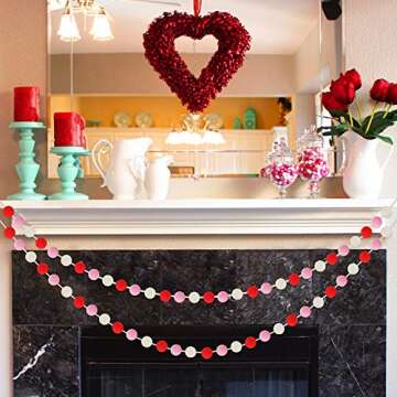 60 Balls Valentine's Day Felt Ball Garlands - Valentines Decorations - Valentines Red Pink White Pom Pom Garlands for Home Tree- Valentine's Day Indoor Outdoor Home Office Hanging Decor - 25mm