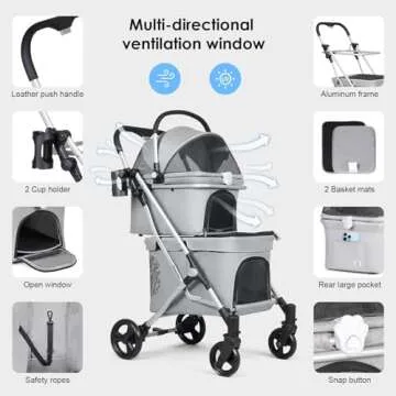 Beberoad Pets T1 Double Pet Stroller for 2 Small Dogs or Cats Lightweight Foldable Double Cat Stroller with Detachable Carrier (Grey)
