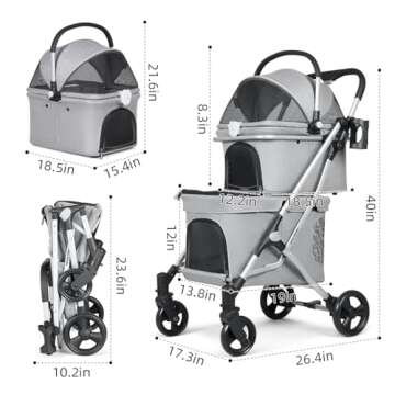 Beberoad Pets T1 Double Pet Stroller for 2 Small Dogs or Cats Lightweight Foldable Double Cat Stroller with Detachable Carrier (Grey)