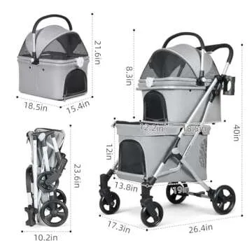 Beberoad Pets T1 Double Pet Stroller for 2 Small Dogs or Cats Lightweight Foldable Double Cat Stroller with Detachable Carrier (Grey)