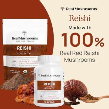 Real Mushrooms Reishi Capsules - Organic Mushroom Extract Supplement with Potent Red Vegan Supplement, Non-GMO, 90 Caps
