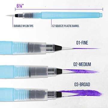 U.S. Art Supply 3-Piece Water Coloring Brush Pen Set of 3 (Sizes - 01 Fine, 02 Medium, 03 Broad) - Refillable, Watercolor, Calligraphy, Painting