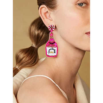 HZEYN Champagne Bottle Beaded Earrings Statement Drop Earrings Handmade Champagne Earrings Holiday Party Jewelry for Women Rose Red