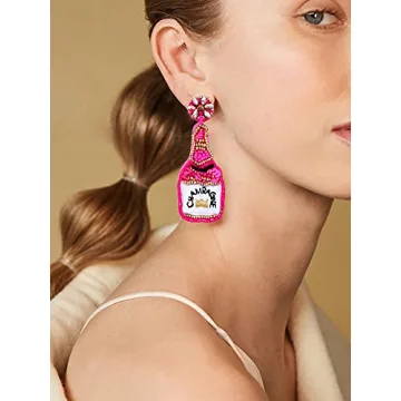 HZEYN Champagne Bottle Beaded Earrings Statement Drop Earrings Handmade Champagne Earrings Holiday Party Jewelry for Women Rose Red