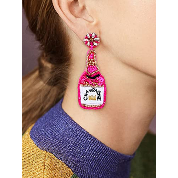 HZEYN Champagne Bottle Beaded Earrings Statement Drop Earrings Handmade Champagne Earrings Holiday Party Jewelry for Women Rose Red