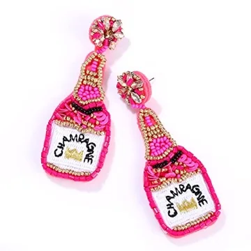 HZEYN Champagne Bottle Beaded Earrings Statement Drop Earrings Handmade Champagne Earrings Holiday Party Jewelry for Women Rose Red