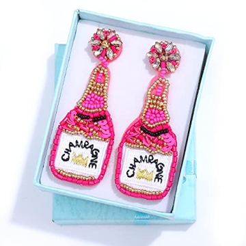 HZEYN Champagne Bottle Beaded Earrings Statement Drop Earrings Handmade Champagne Earrings Holiday Party Jewelry for Women Rose Red