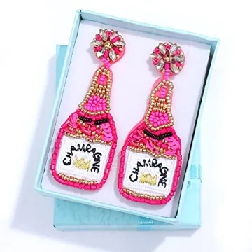 HZEYN Champagne Bottle Beaded Earrings Statement Drop Earrings Handmade Champagne Earrings Holiday Party Jewelry for Women Rose Red