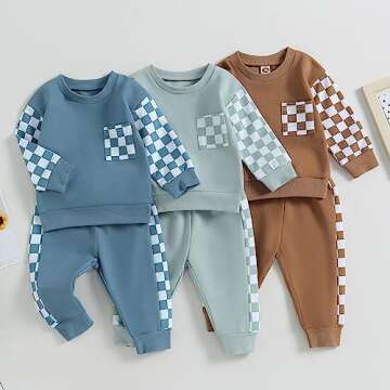 LIOMENGZI Toddler Baby Boys Fall Winter Outfits Checkerboard Patchwork Long Sweatshirt Pullover Pant...