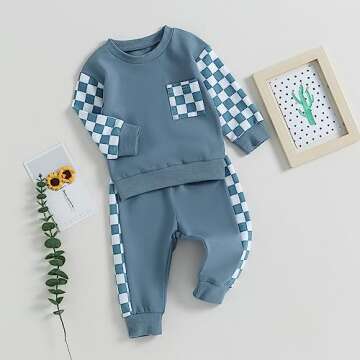 LIOMENGZI Toddler Baby Boys Fall Winter Outfits Checkerboard Patchwork Long Sweatshirt Pullover Pants Infant Clothes Set (Blue, 12-18 Months)