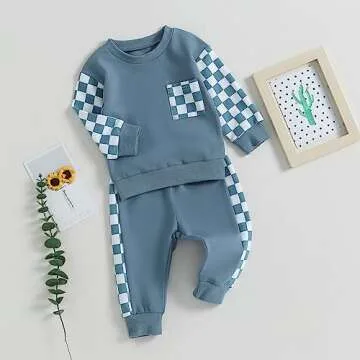 LIOMENGZI Toddler Baby Boys Fall Winter Outfits Checkerboard Patchwork Long Sweatshirt Pullover Pants Infant Clothes Set (Blue, 12-18 Months)