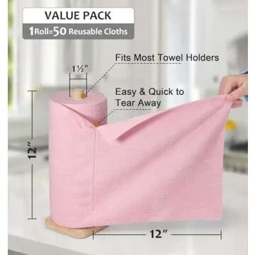 UPSTAR Microfiber Cleaning Cloth, Reusable Paper Towels Rolls, Dish Rags for Washing Dishes, Kitchen, Bathroom, Car, 12x12 inch, 50 Packs/Roll, Pink