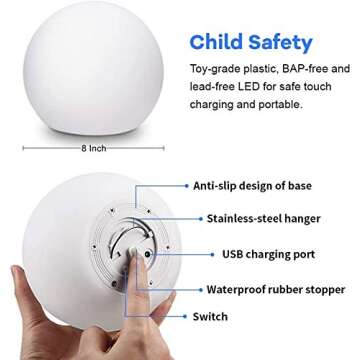 Borelor LED Ball Light, 8-Inch Rechargeable & Remote Control Globe Lights 16 RGB Colors Changing Indoor/Outdoor Night Light for Home/Party/Lawn/Desk Decoration
